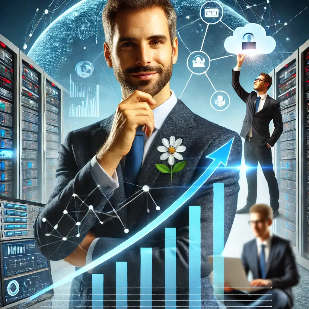 A business manager focusing on business growth while a remote IT team monitors and manages systems in the background.