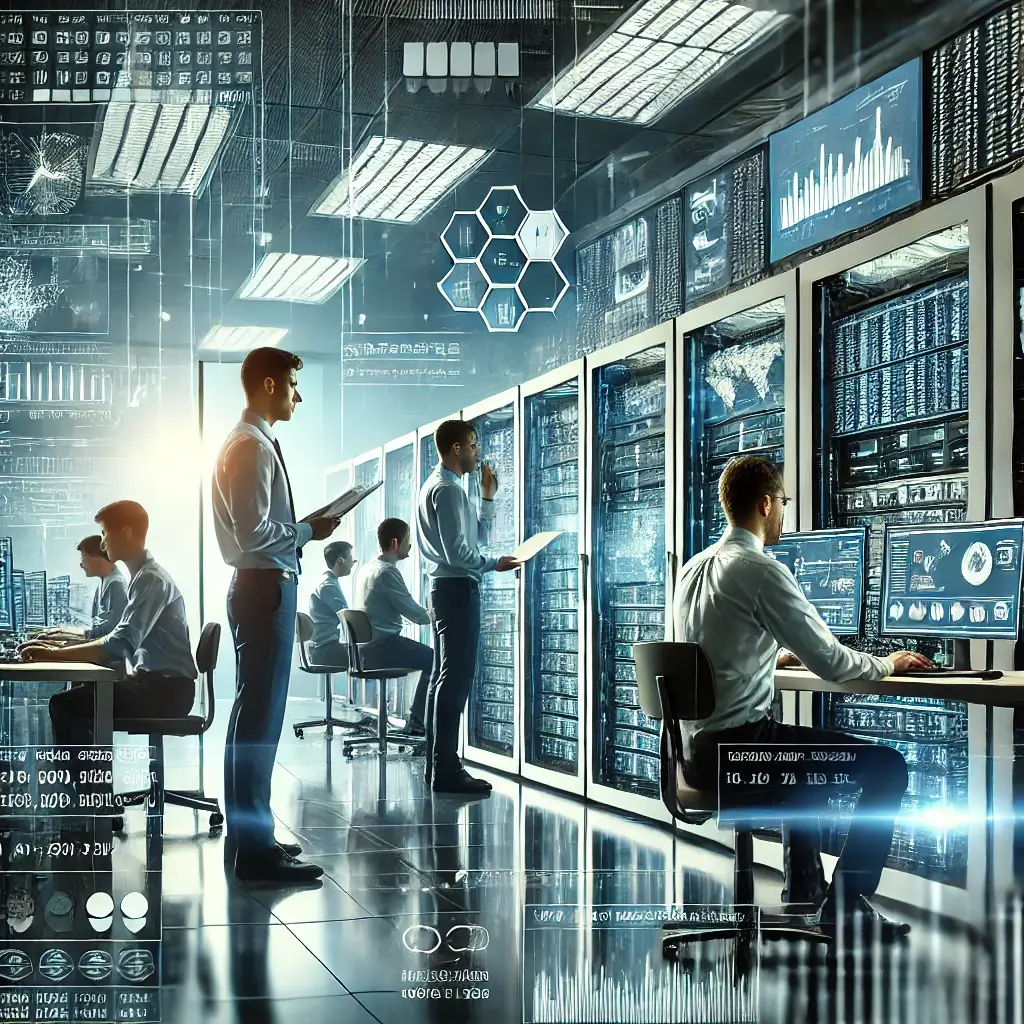 A professional IT team managing servers and data with large screens displaying network analytics and cybersecurity monitoring.